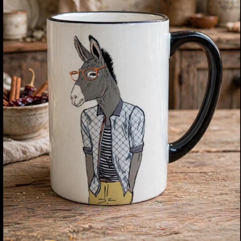 SIGNATURE Housewares Hand-painted Hipster Preppy Donkey Ceramic Coffee Mug 17.5